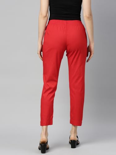 Image of MINELLI Women Solid Cigar Pants, Cotton Lycra Slub Fabric, Elasticated Waistband, Pull On Style, Regular Fit Bottom Wear for Western and Ethnic Wear