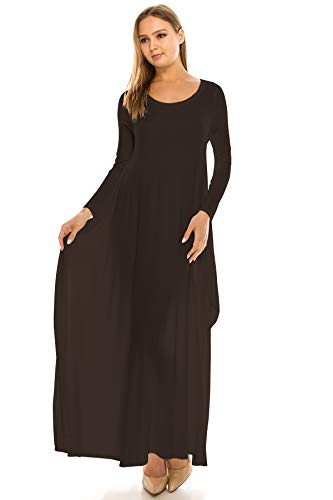 CB Womens Long Sleeve Stretch Loose Fit Maxi Dress with Pocket - Made in USA, 1X, Brown