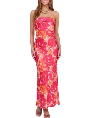 Image of Realtix Summer Satin Strapless Backless Maxi Dress for Women Wedding Guest