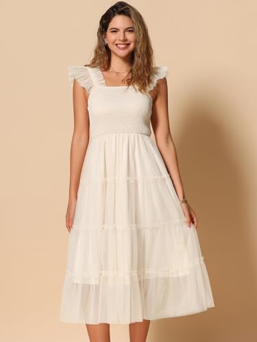 Image of Allegra K Women's Summer Midi Tulle Dress Sleeveless Smocked Square Neck Tiered Ruffled Wedding Guest Dress
