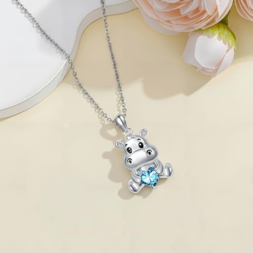 Image of PROESS Animal Birthstone Necklace 925 Sterling Silver Otter /Axolotl /Hippo /Elephant /Dachshund /Monkey /Red Panda Pendant Necklace Animal Birthstone Jewelry Gifts for Women