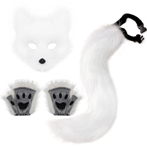 Adolala Faux Fur Fox Tail Cat Wolf Set Plush Mask Fluffy Paw Gloves Halloween Christmas Party for Women