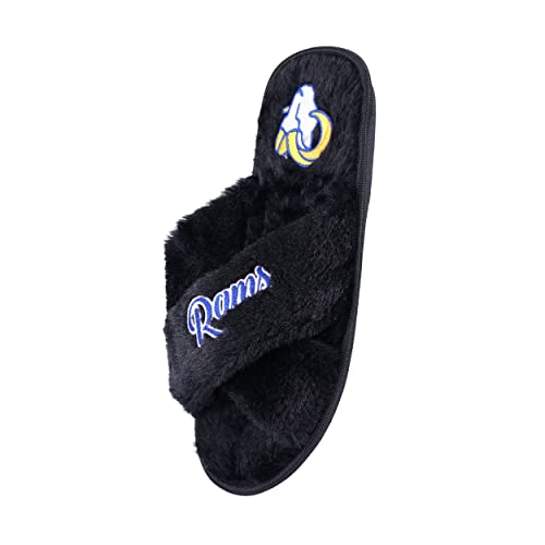 Image of FOCO Womens NFL Team Script Wordmark Fuzzy Cross Slide Slippers