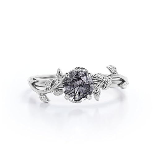Black Rutilated Quartz Engagement Ring for Women 925 Sterling Silver 10K/14K/18K Gold 1CT Black Rutilated Quartz Wedding Ring Vintage Art Deco Anniversary Promise Ring for Her