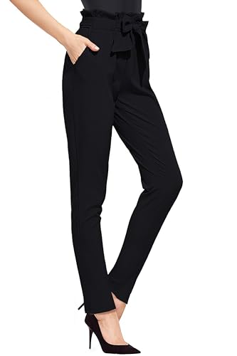 Hybrid & Company Women's Paper Bag Pants Casual Slim High Waist Pants with Bow Knot