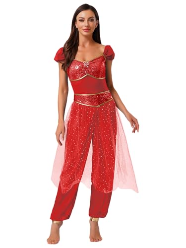 TSSOE Déguisement Princesse Arabe Femme Jumpsuit de Danse Ventre Combinaison Oriental Belly Dance Costume Carnaval Rouge S