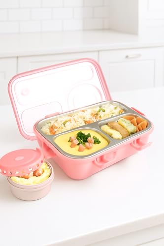 Image of Storio Lunch Box 3 Compartments 750ml | Leak-Proof BPA-Free Stainless Steel /Plastic Lunchbox for Kids, School & Office | Tiffin Box with Extra Small Container | Durable & Easy to Clean - Pink