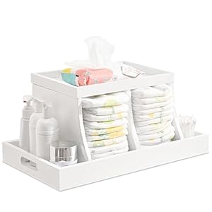 Diaper Caddy Organizer, Changing Table Organizer, Wooden Diaper Organizer for Nursery, Baby Diaper Storage Organizer with Removable Dividers (White, Rectangular Size)