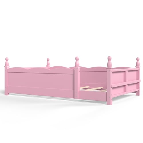 Image of Bellemave Twin Size Montessori Floor Bed Frame with High Fence, Solid Wood Kids Floor Bed with Bookshelf, Low Profile Bed for Boys & Girls, Childlike Design,Pink