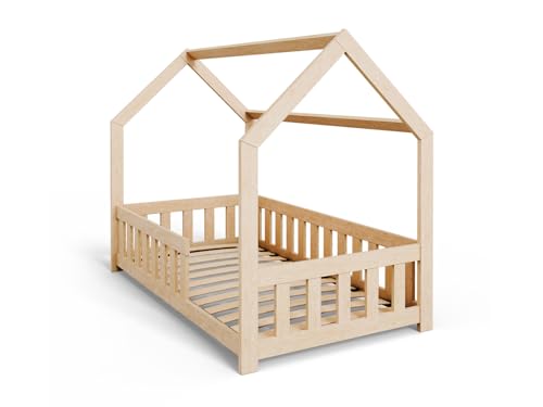 KOBI Lit en Forme de Maison DUBI pour Enfants, en Bois, 140 x 70 cm, pour Chambre d'enfant garçon ou Fille (Naturel, sans Matelas)