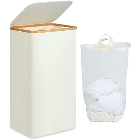efluky Laundry Basket with Lid and Removable Bag, 100L Tall Laundry Hamper with Bamboo Handles, Aesthetic Dirty Clothes Bin for Laundry Room, Bathroom, Bedroom and Dorm, Beige Cover