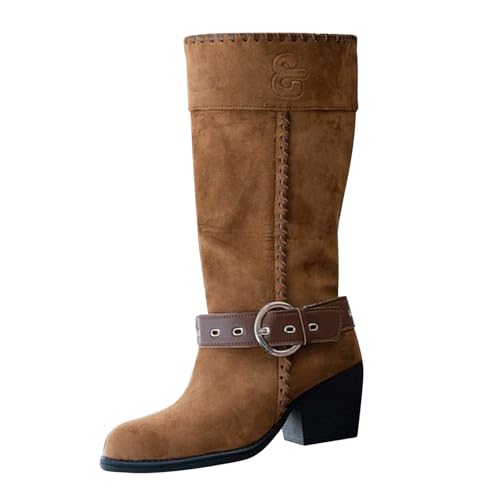 Bottes western large mollet en cuir synthétique et talon bloc confort