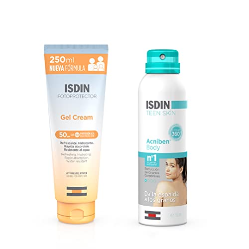 ISDIN Fotoprotector Gel Cream SPF 50+ 250 ml Crema Solar Corporal refrescante e hidratante+ISDIN ACNIBEN Body Spray Corporal De Secado Rápido - Reducción de Granos Corporales, 150 ml