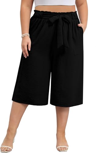 Lastshe Women's Casual Plus Size Cropped Wide-Leg Pants with Pockets High Waisted Adjustable Tie Knot Capri Palazzo Trousers