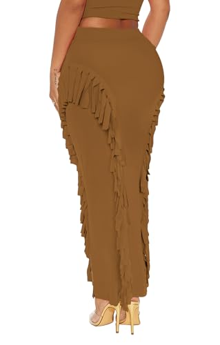 Women's Fringe Skirt Side Tassel Elastic High Waisted Pencil Long Maxi Skirts Bodycon3