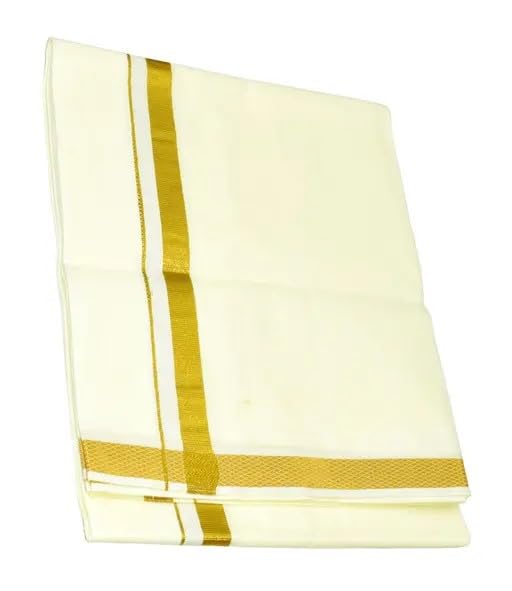 Image of YHWH Men's Cream Cotton Dhoti - 2 Meter Single Dhoti with Gold Jari Line Border (Pack of 1)