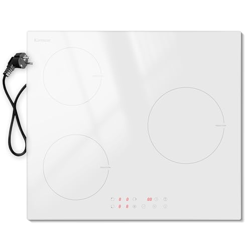 Karinear Plaque Induction Blanche 3 Feux, Plaque à Induction avec Prise, Table de Cuisson Induction Encastrable 59CM, Commande Tactile, Boost, Verrou de...