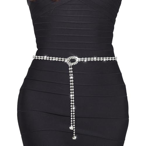 DIPZO Cinturón de cadena plateado con piedras brillantes para mujer, cadena ajustable de cristal para vestidos, ideal para bodas y fiestas