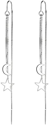 Bramian Star Moon Drop Dangle Earrings Silver Long Chain Threader Earrings Pull Through Earrings for Women and Girls(1Pair)