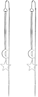 Bramian Star Moon Drop Dangle Earrings Silver Long Chain Threader Earrings Pull Through Earrings for Women and Girls(1Pair)