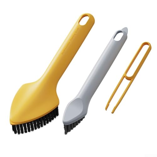 Jonikuper Juego de cepillos de limpieza 3 en 1 con mango largo ergonómico, cepillos triangulares grandes y pequeños para + pinzas para estufas, puertas de ducha, azulejos y (amarillo)