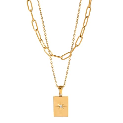 Collier pendentif cubique double couche en acier inoxydable tendance femme