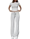 Picture of COPYLEAF Two Piece Lounge Sets for Women Wide Leg Pants Short Sleeve Crop Tops Y2k Matching Sets Travel Outfits(Light Grey S)