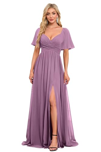 Image of Women's Flutter Sleeves Chiffon Bridesmaid Dresses with Slit Long A Line V-Neck Formal Party Dress with Pockets
