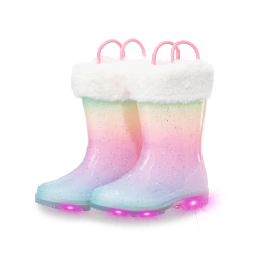 EUXTERPA Toddler Kids Light Up/Solid Color Rain Boots Waterproof Warm Fleece Lined Boots for Boys Girls Winter Snow Boots