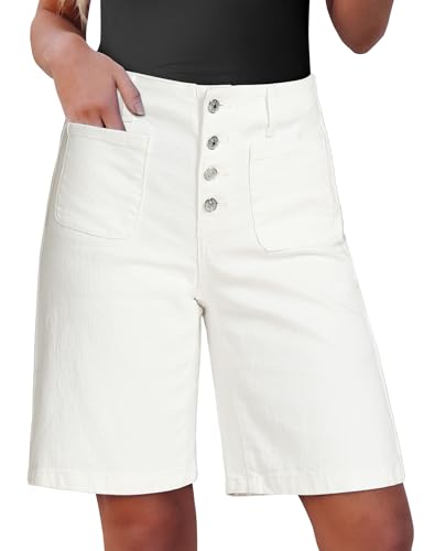 luvamia Button Fly Long Jean Shorts Womens High Waisted Bermuda Shorts for Women Cream White Womens Shorts Denim Jean Bermuda Shorts for Women White Shorts for Woman Size Large Fits Size 12 Size 14