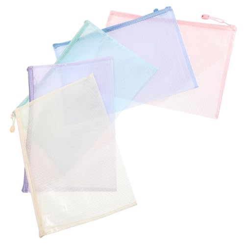 KAILIKETIY 5個防水ジッパー付きメッシュファイル袋 書類整理 収納用 透明プラスチックポーチ 文房具 旅行用