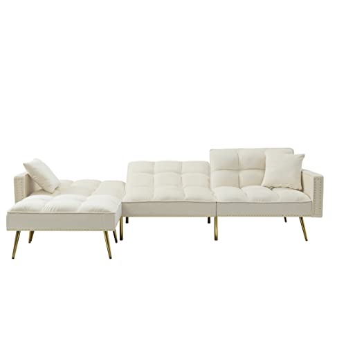 Velvet Convertible Sleeper Sofa Bed,Sectional L-Shaped Corner Couch With 2 Pillows&Reversible Chaise Lounge For Living Room Furniture Sets,3 Adjustable/Splitback/Metal Legs #TOP5