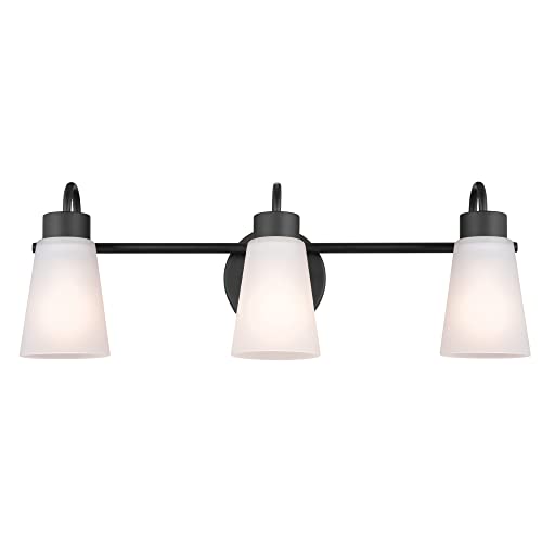 Image of Kichler Erma 3-Light Bathroom Vanity Light Fixture with Satin Etched Glass Shades, Modern Traditional Wall Mount Lighting in Black for over Mirror (23 x 8.5 x 6 in), 45887BK