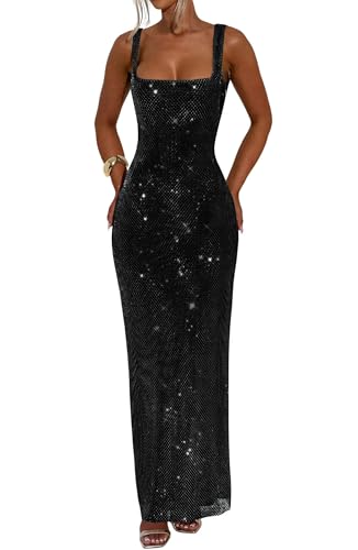 Image of Sparkly Beaded Sequin Prom Dress Spaghetti Straps Square Neck Bodycon Formal Evening Party Gowns