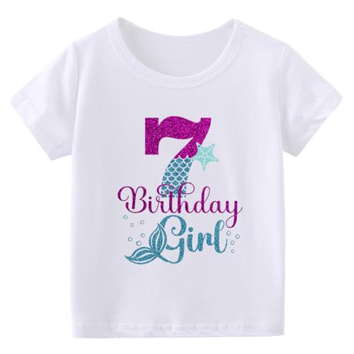 7th Birthday Shirt for Girls, Dress for Girls, T Shirt for 7 Year Old Gift Outfit, Decoration Mermaid Clothes White Style B