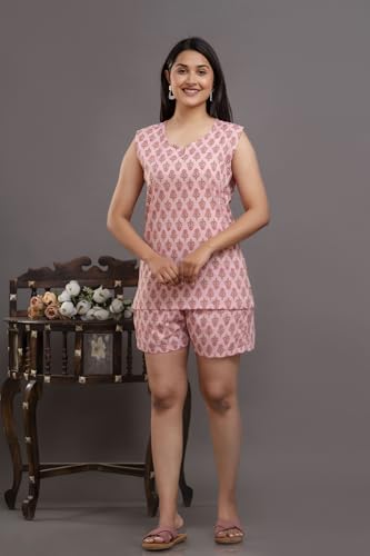 Image of Women's Cotton Printed Night Suit Set of Top & Shorts Sleeveless Women's Lounge Wear Set