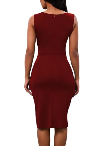 Image of PerZeal Women's Sexy V Neck Sleeveless Bodycon Dress Cocktail Evening Party Wedding Guest Work Faux Wrap Ruched Midi Dresse