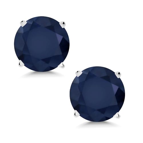 Gem Stone King 14K White Gold Blue Sapphire Stud Earrings For Women Men | 2.00 Cttw | Gemstone Birthstone | Round 6MM | Gold Earrings For Women Men