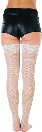 Image of ToBeInStyle Women's Wide Floral Lace Fishnet Thigh Hi Stockings