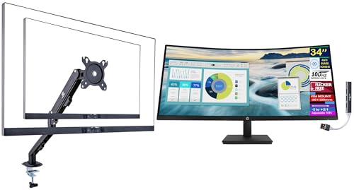 Image of HP 34 inch WQHD Curved Monitor with 5ms Response Time, Anti-Glare, Flicker Free, 250 nits Brightness, VESA Mount (100mm), Displayport, HDMI & Black Color with DKZ Hub & ErgoFlexy Single Monitor Mount