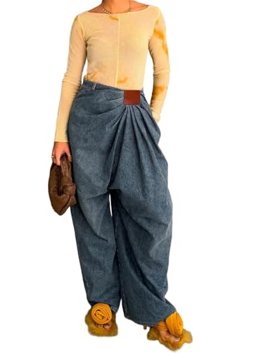 Women's Denim Harem Pants Casual High Waist Pleated Wide Leg Jogger Denim Pants Streetwear