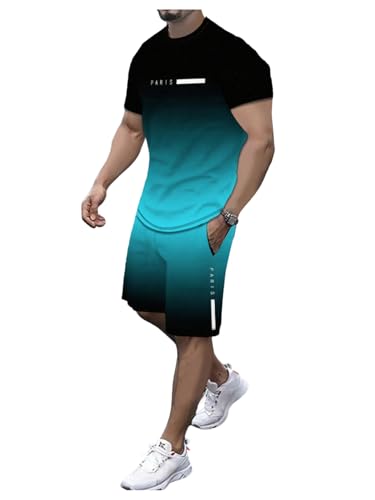 Men's 2 Piece Outfits Letter Print Short Sleeve T Shirts and Drawstring Waist Shorts Tracksuits