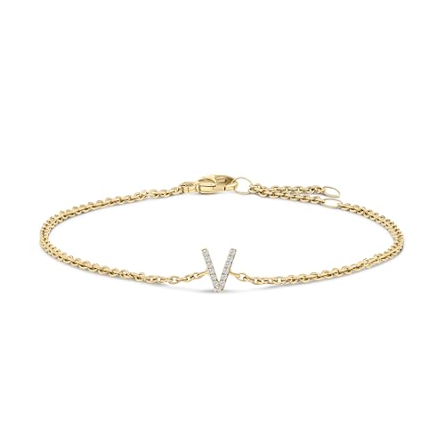 10K Yellow Gold Diamond Accent "V" Initial Charm and Link Bracelet