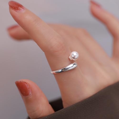 OIDIMS Fashion Pearl Wrap Ring Elegant Adjustable Open for Women Asymmetry Wedding Engagement Stacking Statement Promise Comfort Fit Jewelry Rings Dainty Birthday Xmas Gift2