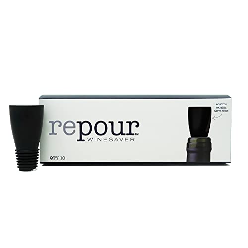 Repour 10 Pack Wine Saver - Wine Preserver and Stopper - Removes Harmful Oxygen - Black Conical Plastic Bottle Stoppers