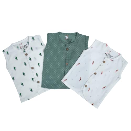 Image of 100% Cotton Printed Front Open Jabla | Green,White Jhabla | for Newborn & Infants | All Season wear Jabala Baby Products | Sleeveless Regular Fit Vest | Assorted Pack of 3| Size - 3-6 Months