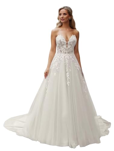 Strapless Lace Applique Wedding Dresses for Bride Long Beach Boho A Line V Neck Tulle Bride Gowns