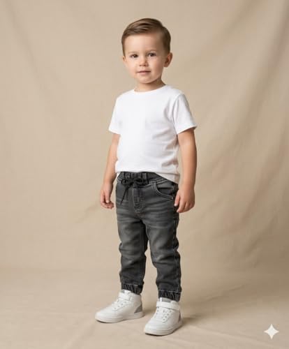 Image of A.T.U.N. (ALL THINGS UBER NICE) Boys Premium Cotton Jogger Jeans with Elastic Waist & Adjustable Drawstring | Soft Washed Denim Look Comfortable Bottom Wear for Kids