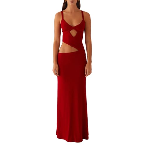 Women Sexy Maxi Dress Cut Out V Neck Spaghetti Straps Bodycon Long Dress Summer Party Cocktail Wear