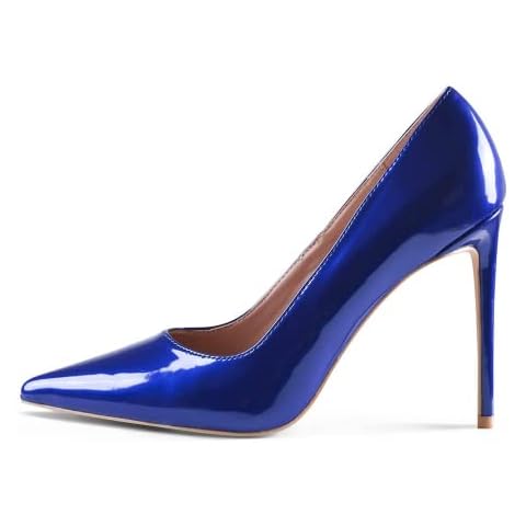 GENSHUO Womens Stiletto Court Shoes 10CM Sexy Slip On Pointed Toe Patent High Heels for Party Prom Wedding Stiletto Heels Royal Blue Size 7.5 UK Cover